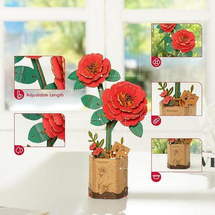 rowood 3D Puzzle Artifical Flower,DIY Wooden Flower Craft Kit Building,Mother's Day/Valentine's Day/Teacher's Day/Thanksgiving Day/Christmas/Birthday Gift for Mom/Women/Grandma/Wife/Her-Red Camellia