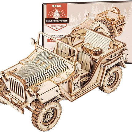 ROKR 3D Wooden Puzzle for Adults-Mechanical Car Model Kits-Brain Teaser Puzzles-Vehicle Building Kits-Unique Gift for Kids on Birthday/Christmas Day(1:18 Scale)(MC701-Army Field Car)