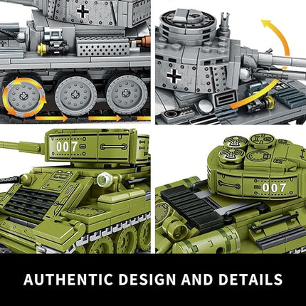 WW2 2 in 1 Army Tank Building Blocks Kit Create a German 38T & a Soviet T-34 Tank Military Toy Sets Birthday for Age 6+ Children Teens Adults 1008 Pieces