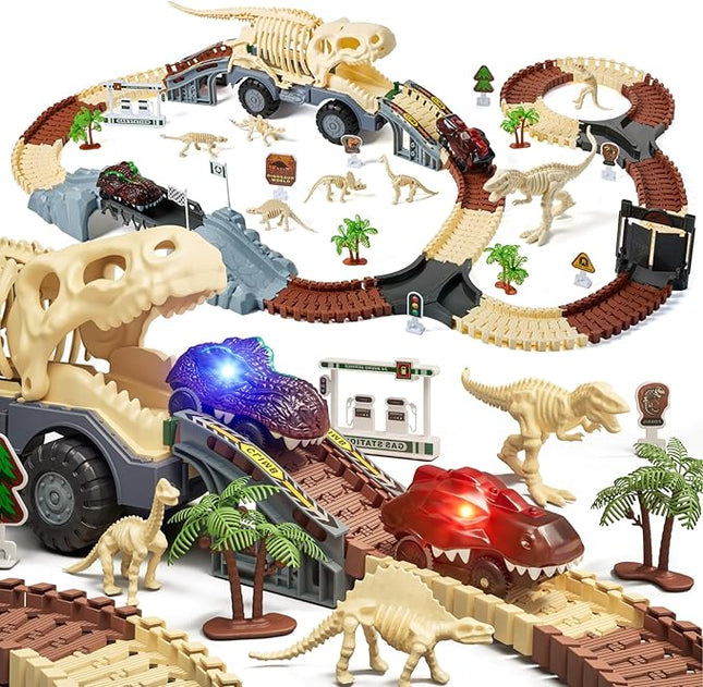 TUMAMA Dinosaur Toys Race Car Track, Flexible Dinosaur Track Toys Set, Create a Dinosaur World Road Race, Birthday for 3 4 5 6 7 Years Old Boys Girls Kids