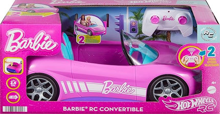 Hot Wheels Barbie RC Toy Car, Remote-Control Pink Convertible, Can Hold 2 Barbie Fashion Dolls & Trunk Opens for Storage, Sticker Sheet for Customizing