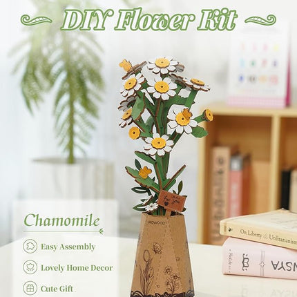 rowood 3D Puzzle Wooden Flower,DIY Flower Building Block Set Craft Kit,Mother's Day/Valentine's Day/Teacher's Day/Thanksgiving/Christmas/Birthday Gift for Mom/Grandma-Chamomile