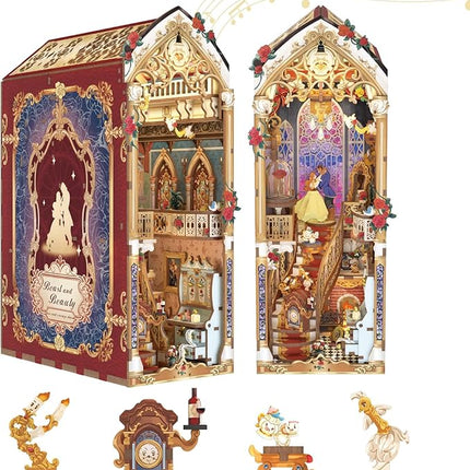 Tonecheer DIY Book Nook Kit for Adults, 3D Wooden Puzzle Music Booknook Miniature Dollhouse, Fairy Tale Bookend Bookshelf Decor with Dust Cover and LED Lights Gifts (Beast‌ and Beauty)