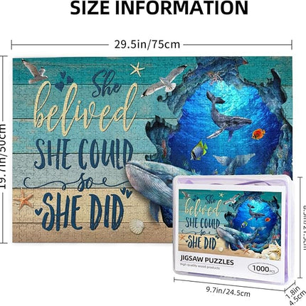Ocean Jigsaw Puzzles 1000 Pieces for Adults, Majestic Whales & Inspirational Quotes, Motivational Sea Life Art Wooden Puzzle for Stress Relief, Empowering Home Decor