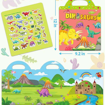 Benresive Reusable Sticker Book for Toddlers 2-4 Years, Fun Travel Stickers for Kids, Waterproof Sticker Books for Toddlers 1-3, Crafts Activities for Todddlers 1-3 2-4 3-5 - Dinosaurs