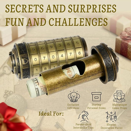 wellsee Da Vinci Code Mini Numbers Cryptex Brainteaser Puzzle Box,Metal Password Lock Cash Box with Hidden Compartment for Money,Challenge Game for Ages 12+ and Up,Unique Xmas Gifts for Her&Him,Bronze