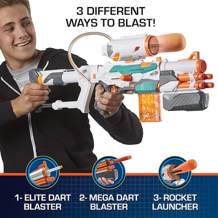 Nerf Modulus Tri-Strike Blaster, Mega Barrel, Rocket Launcher, Clip, 1 Rocket, Kids Outdoor Games (Amazon Exclusive)