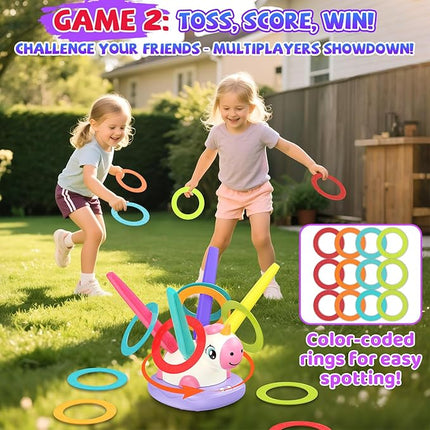 3-in-1 Outdoor Toys for Kids Ages 3-8, Unicorn Rocket Launcher, Ring Toss & Musical Jump - Backyard Indoor Active Play Set for Boys Girls, STEM Learning Toys Birthday Gift for 3 4 5 6 7 8 Years Old