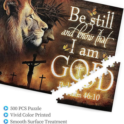 Christian Jigsaw Puzzles 500 Pieces for Adults, Be Still and Know That I Am God Bible Verse with Lion, Religious Wooden Puzzle for Stress Relief, Faith-Based Gift & Wall Decor