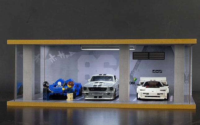 1/24 Scale Die-cast Car Diorama Display Case with Clear Acrylic Cover and LED Lighting for Diecast Model Cars, Lego Speed Champions Cars, 3 Parking Space 86 Style (1/24-3P86)