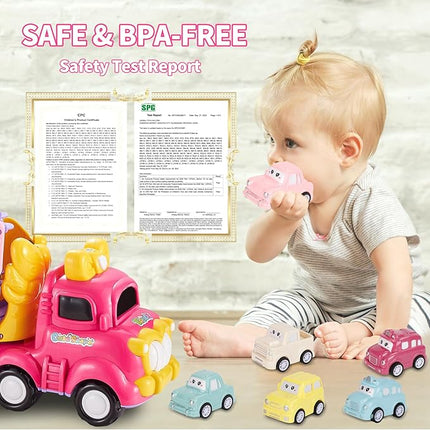 Toddler Girls Cars for 1 2 3 4 5 Year Old,7-in-1 Pink Princess Foldable Transport Carrier Trucks with Lights and Music,Birthday Presents for 1-3 3-5 Yrs Old Babys