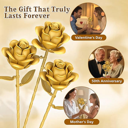 Gold Roses Flower Building Set - 3 Roses Bouquet Botanical Building Blocks for Adult, Home Decor Romantic Anniversary Valentine's Day Gift for Her, Wife, Girlfriend, Mom