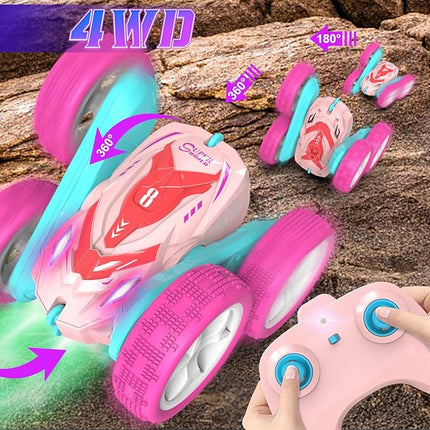 RC Stunt Cars, Remote Control Car Double Sided 360° Flip Rotating 4WD 2.4Ghz Rechargeable Car Toy with Headlights For Outdoor & Indoor for 6-12 years old Kids Girls Boys Birthday Xmas Gift, Pink