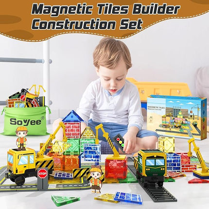 Magnetic Tiles Magnetic Construction Set with 2 Cranes Boys Toys for Ages 3-5 5-7 8-10 Building Toys Includes Crane, Road Tracks, Train, Train Tracks, Dolls, Car Toy, Traffic Lights and Stations
