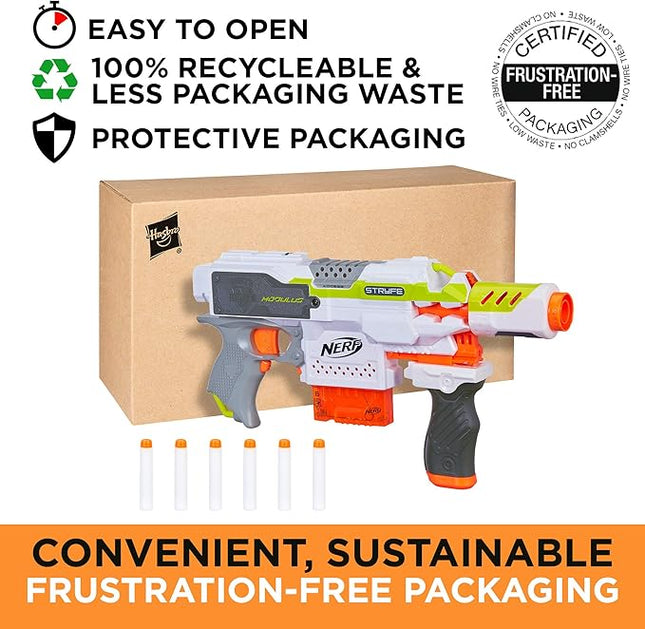 Nerf Modulus Stryfe Motorized Blaster - Fires 6 Darts in a Row - Includes Drop Grip, Barrel Extension, 6-Dart Clip, 6 Nerf Elite Darts (Amazon Exclusive)