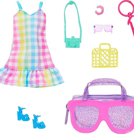 Barbie Clothes & Accessories, Deluxe Sunglasses-Shaped Bag with Keychain, Multicolor Gingham Dress & Summery Accessories for Fashion Dolls