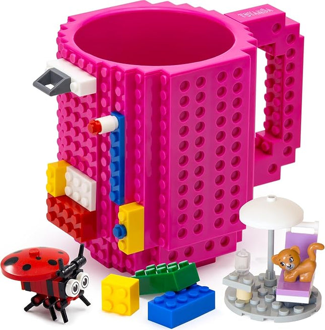 TOYAMBA Build-on Brick Mug BPA-Free Funny Coffee Mug with 3 Building Bricks, Funny Cup for Kids - Creative Building Block DIY Idea 16OZ (Magenta)