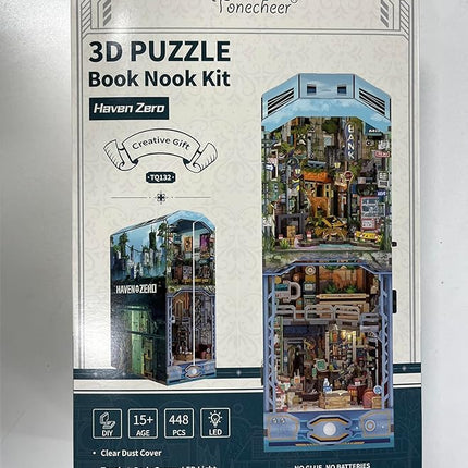 Tonecheer DIY Book Nook Kit for Adults, Wooden 3D Puzzle Bookend Diorama Bookshelf Insert Decor Fancy Books, Booknook Miniature House Kit with Dust Cover and Sensor LED (Haven Zero)