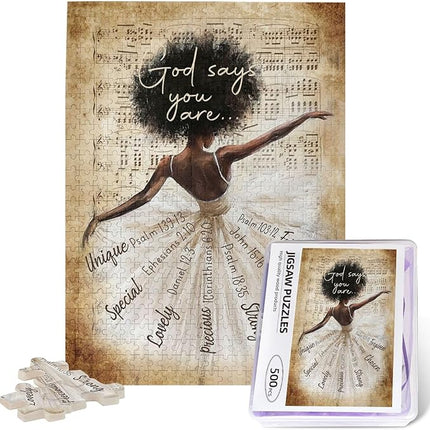 African American Jigsaw Puzzles 500 Pieces for Adults, Dancing with God Says You are Quote, Black Woman Wooden Puzzle for Stress Relief, Challenging Brain Teaser & Home Decor