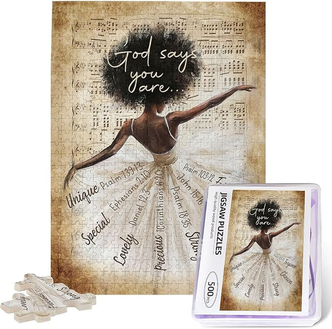 African American Jigsaw Puzzles 500 Pieces for Adults, Dancing with God Says You are Quote, Black Woman Wooden Puzzle for Stress Relief, Challenging Brain Teaser & Home Decor