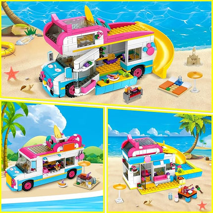 HOGOKIDS 3-in-1 Girls Camper Van Building Set - 494PCS Summer Beach Camping Building Blocks Sets | Food Truck Toys with Slide and Stickers | Easter Gifts for Girls Boys Age 6 7 8 9 10 11 12+