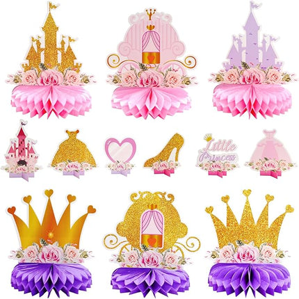 12 PCS Princess Party Honeycomb Centerpieces Decorations, Pink and Gold Party Table Topper Centerpieces for Girls Birthday Christmas Party (Princess Set)