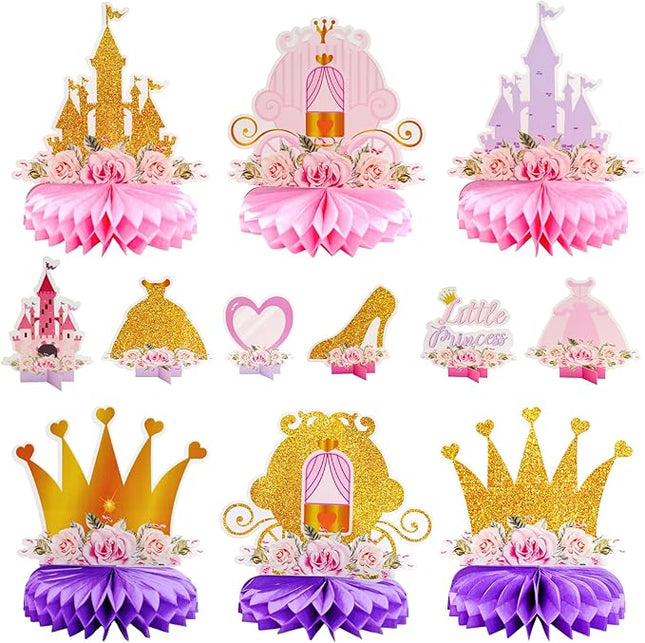 12 PCS Princess Party Honeycomb Centerpieces Decorations, Pink and Gold Party Table Topper Centerpieces for Girls Birthday Christmas Party (Princess Set)