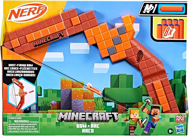 Nerf Minecraft Bow Dart Blaster, Pull-Back String Priming, 8 N1 Darts Compatible Only N1 Dart Blasters, Ages 8+