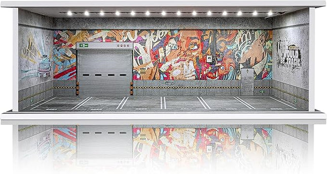 1/64 Scale Cars Display Case: Toy Car Parking Garage with LED Light Compatible with Hot Wheels, FoamBoard Storage Display for Matchbox with Acrylic Cover (Shattering World)