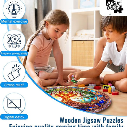Wooden Puzzles for Adults - Stained Glass Tree of Life Wooden Puzzles - Unique Shaped Wooden Jigsaw Puzzles - 100 Pieces Plant Puzzles - Home Decoration (S-8.5 * 8.5in)