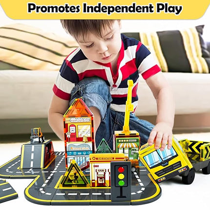60pc Magnetic Tiles Road Set with 2 Cranes, Creative Construction Toys for Kids Ages 3-12, Boys & Girls, Dentist & Engineering Themed Building Blocks