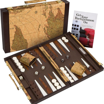 Get The Games Out Top Backgammon Set - Travel Backgammon Sets for Adults - Small Travel Size Classic Backgammon Board Game Case - Includes Strategy Guide & Full 15 Pieces (Map Edition, Small)