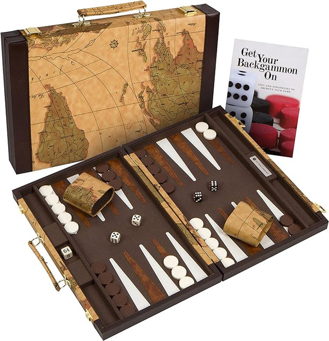 Get The Games Out Top Backgammon Set - Travel Backgammon Sets for Adults - Small Travel Size Classic Backgammon Board Game Case - Includes Strategy Guide & Full 15 Pieces (Map Edition, Small)