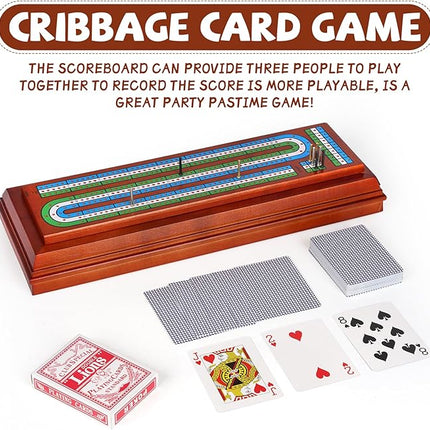 Wooden Cribbage Board Game Set with Large Storage Area, Solid Wood 3 Track Cribbage Board, 9 Metal Pegs, 2 Playing Cards and Instruction. Travel Family Game Night Travel Cribbage Sets for All Ages