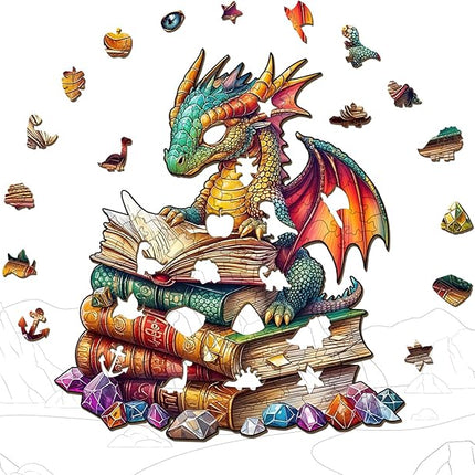 Wooden Puzzles for Adults - Reading Dragon Wood Puzzles Adult - Unique Animal Shape Wooden Jigsaw Puzzles for Adults - Birthday Gifts for Puzzle Lovers, Family (11.4 * 11.4in)
