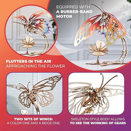 Ugears Wooden 3D Puzzles for Adults - Butterfly Puzzle Mechanical Model Kit - 3D Wood Puzzles Adult Automaton - Kinetic Sculpture Models for Adults to Build Butterfly Kit DIY Miniature Kit - 161 Pcs