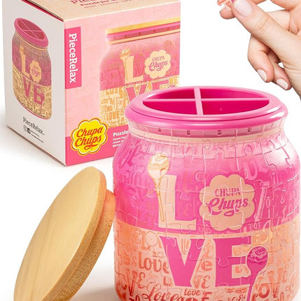 Chupa Chups X PieceRelax 3D Puzzle Jar 96 Plastic Pieces for Adults - Sweet Days - Full of Love Use Includes Divider as Pen and Utensils Holder with Wooden Lid for Kitchen Dining Study [BB1045]