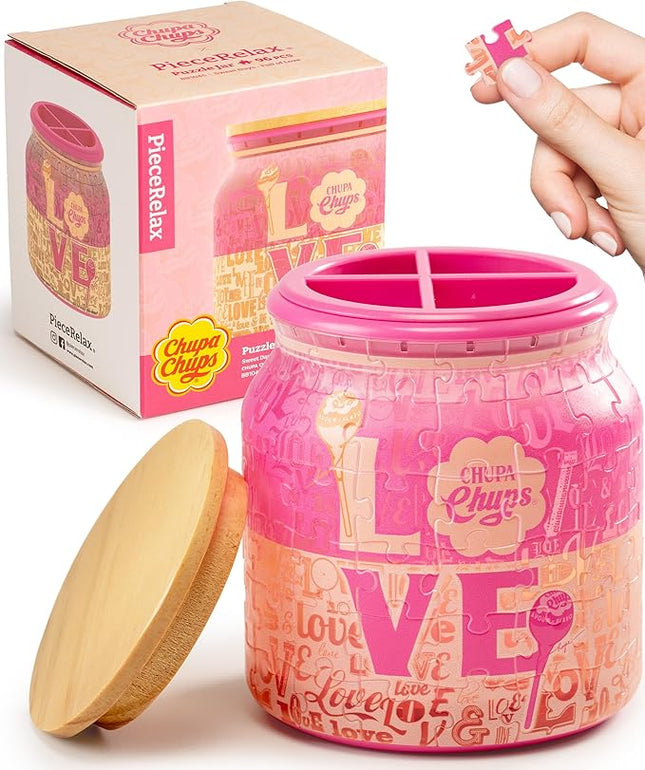 Chupa Chups X PieceRelax 3D Puzzle Jar 96 Plastic Pieces for Adults - Sweet Days - Full of Love Use Includes Divider as Pen and Utensils Holder with Wooden Lid for Kitchen Dining Study [BB1045]