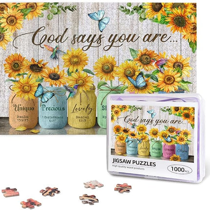 Christian Wooden Jigsaw Puzzle 1000 Pieces for Adults - Challenging Inspirational Sunflower & Scripture, God Says You are Religious Gift, Faith-Based Home Decor