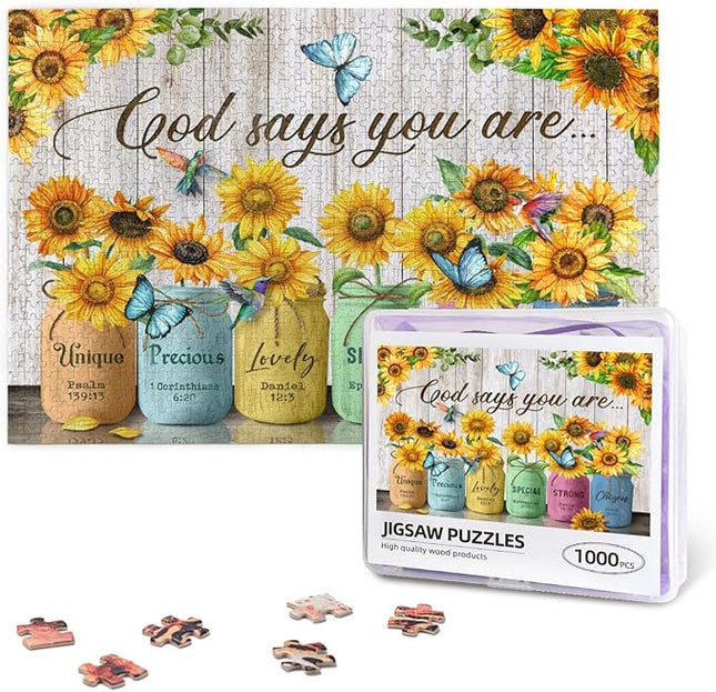 Christian Wooden Jigsaw Puzzle 1000 Pieces for Adults - Challenging Inspirational Sunflower & Scripture, God Says You are Religious Gift, Faith-Based Home Decor