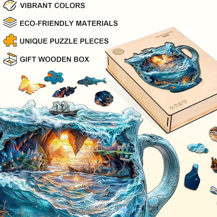 Wooden Puzzles for Adults, Wooden Jigsaw Puzzles for Adults Kids, Sea Navigation Mug Unique Shaped Wood Puzzles Adult, Creative Birthday Gifts for Friends Family Game(11.4 * 11.1in 180pcs)
