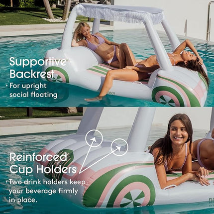 FUNBOY Giant Inflatable Luxury Golf Cart Pool Float, Two Cup Holders, Removable Fringe Shade, Float for Summer Pool Party and Entertainment