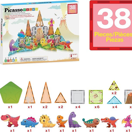 PicassoTiles 38pcs Magnet Tiles Building Blocks Dinosaur Theme Set with 8 Magnetized Action Figures Magnetic Construction Build and Play Toy with Magnets STEM Learning Activities for Toddlers 3+ PTQ13