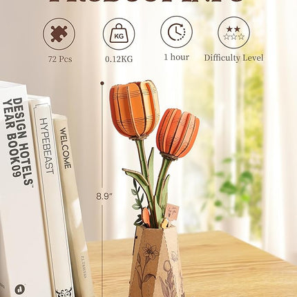 rowood Wooden Flower,DIY Artifical Flower Building Set Craft Kit for Adults,Mother's Day/Valentine's Day for Mom/Women/Grandma-Orange Tulip