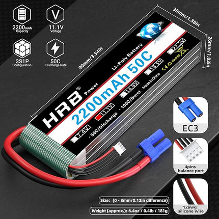 HRB 2pcs 3S 2200mAh Lipo Battery EC3 50C Shorty 11.1V RC Lipo Battery Compatible with RC Car RC Airplane RC Truck RC Boat