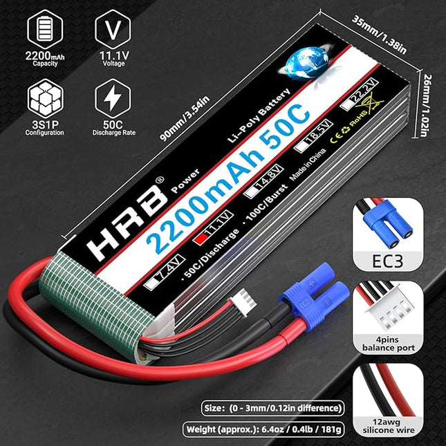 HRB 2pcs 3S 2200mAh Lipo Battery EC3 50C Shorty 11.1V RC Lipo Battery Compatible with RC Car RC Airplane RC Truck RC Boat