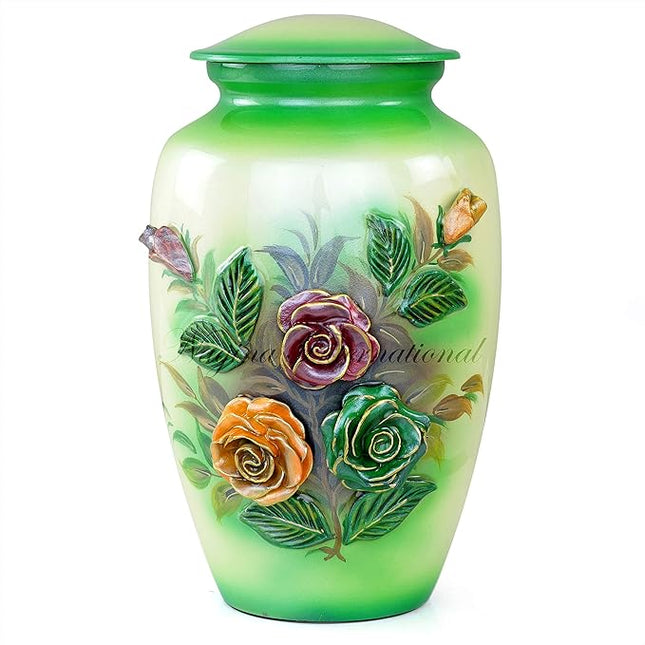 11" 3D Carved Decorative Flowers Aluminum Metal Cremation Urns for Human Ashes | Hand-Crafted Large Urn for Adult Cremation (Roses Green)