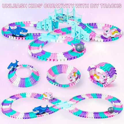Unicorn Race Track Car Set for Kids, Flexible DIY Tracks with Unicorn and Shark Cars, STEM Building Toy for Girls and Boys Ages 3 4 5 6 7, Birthday Gift Idea