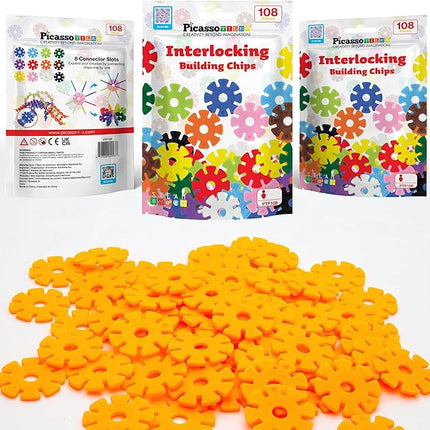 PicassoTiles Building Chip Interlocking Disc Construction Blocks in Orange Color STEM Learning Early Education Toy Engineering Playset Child Brain Development for Toddlers Girls Boys Kid Age 3+ PTF108