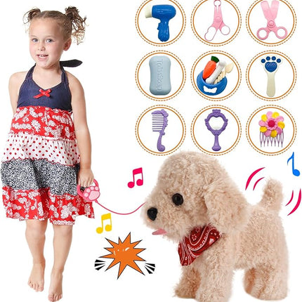 Interactive Walking Plush Puppy Toy Dog, Remote Control Electronic Robot Dog Realistic Wagging Tail, Rich Grooming Set, Gift Toy for Girls & Boys, Kids Age 3, 4, 5, 6 (Accessories Updated)